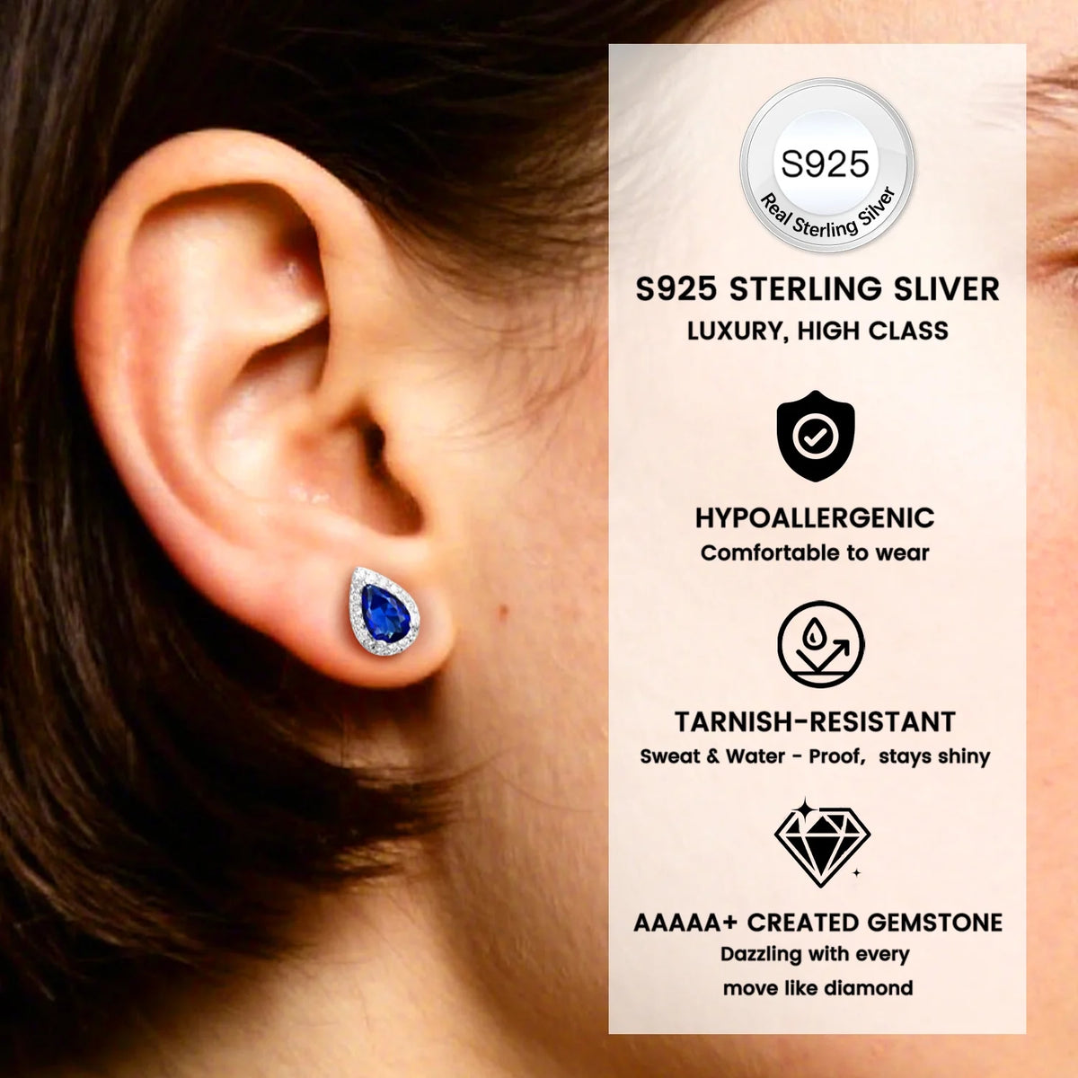 925 Sterling Silver Birthstone Stud Earrings for Women, Sparking September Teardrop Cut Diamond Earrings for Sensitive Ears