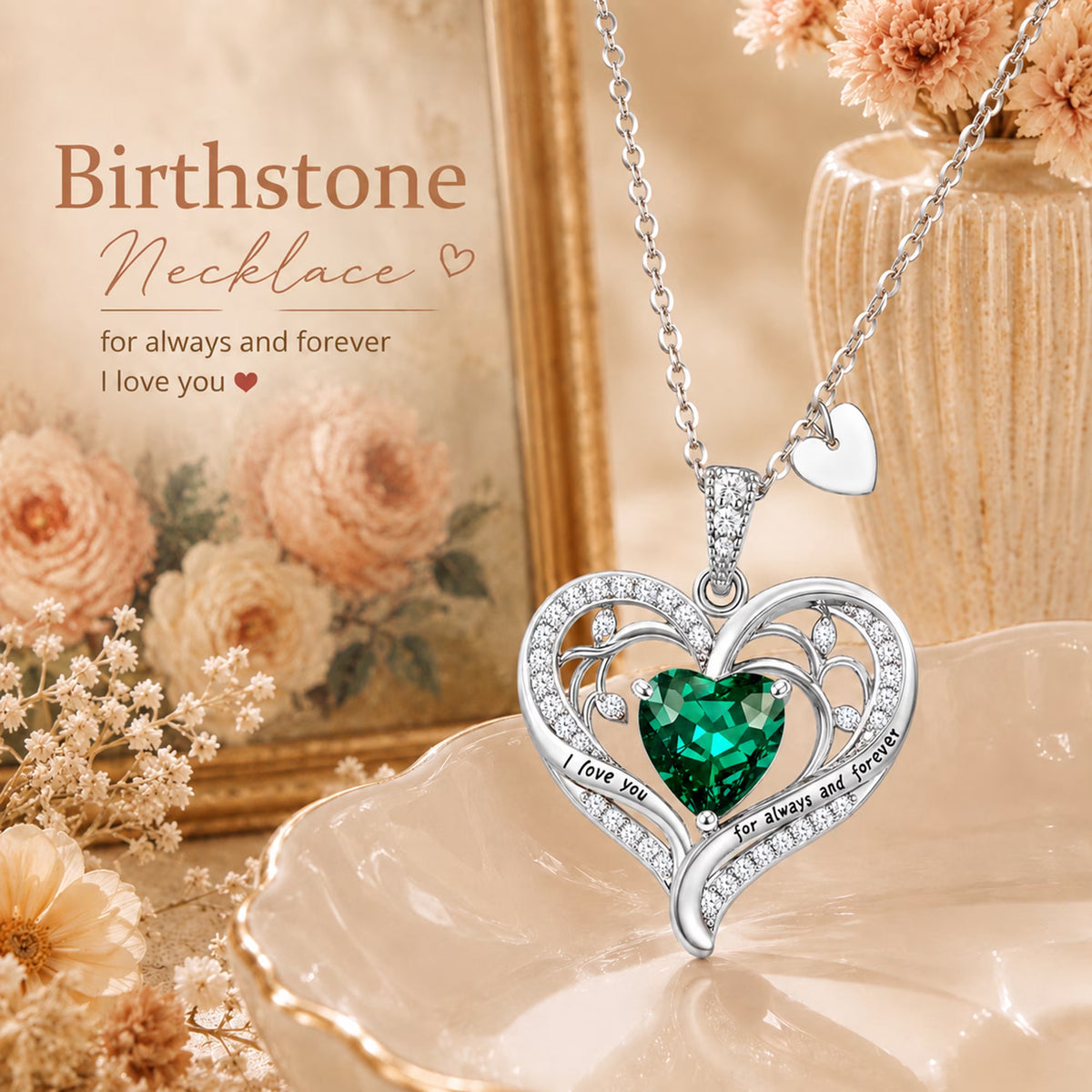 Birthstone Heart Pendant Necklace for Women, Christmas Birthday Anniversary Jewelry Gift