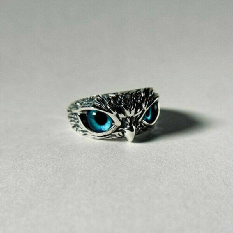 Silver Plated Blue Eye Owl Ring Women Jewelry Rings Adjustable Lab-Created