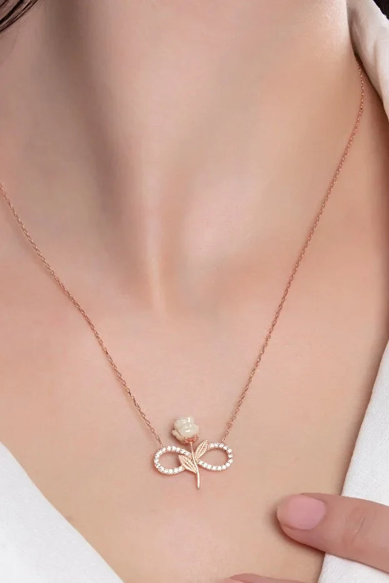 Elegant 925 Sterling Silver Rose Gold Plated Infinity Necklace with Sparkling Zircon Stone and White Rose Design