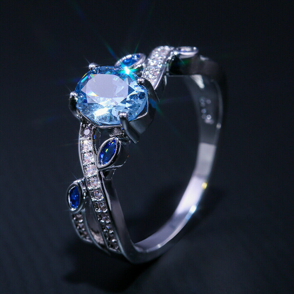 Oval Romantic Cut Aquamarine Women Silver Plated Rings Size 6-10 Simulated Glass