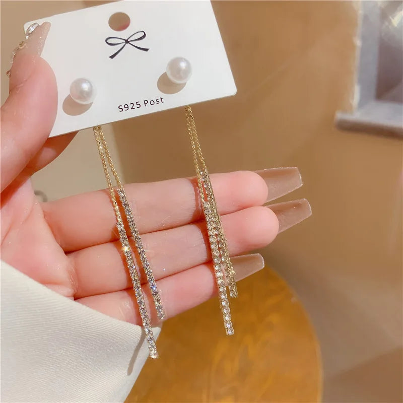 Luxury Korean Long Tassel Pearl Dangle Earrings with Rhinestones - Perfect for Weddings and Parties