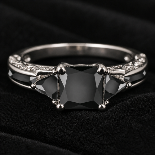 "Midnight Shadow" Three-Stone Ring — Silver-Plated Black Gemstone Statement Ring Description Spiceyrock
