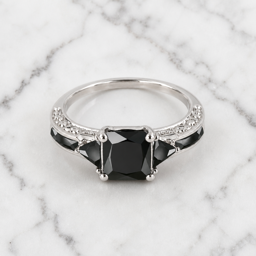 "Midnight Shadow" Three-Stone Ring — Silver-Plated Black Gemstone Statement Ring Description Spiceyrock
