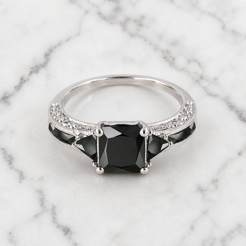 "Midnight Shadow" Three-Stone Ring — Silver-Plated Black Gemstone Statement Ring Description Spiceyrock