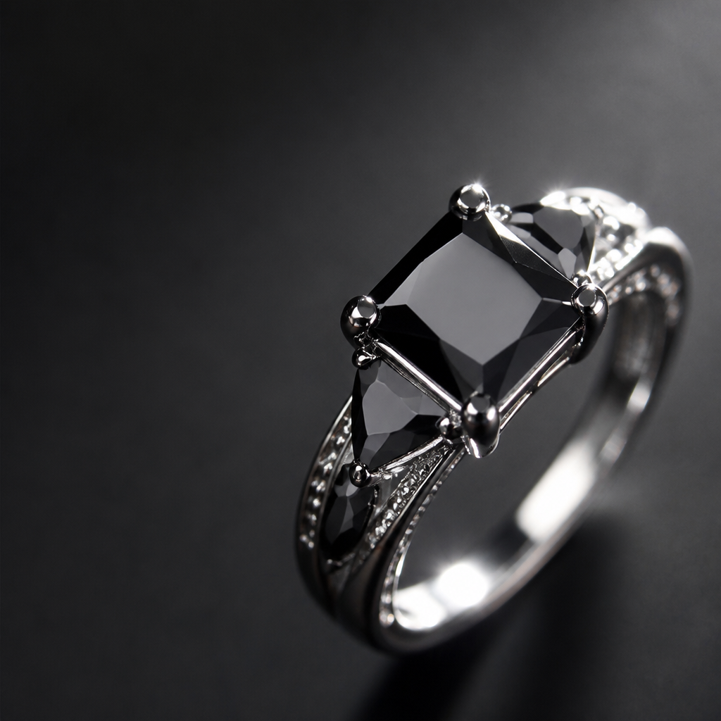"Midnight Shadow" Three-Stone Ring — Silver-Plated Black Gemstone Statement Ring Description Spiceyrock