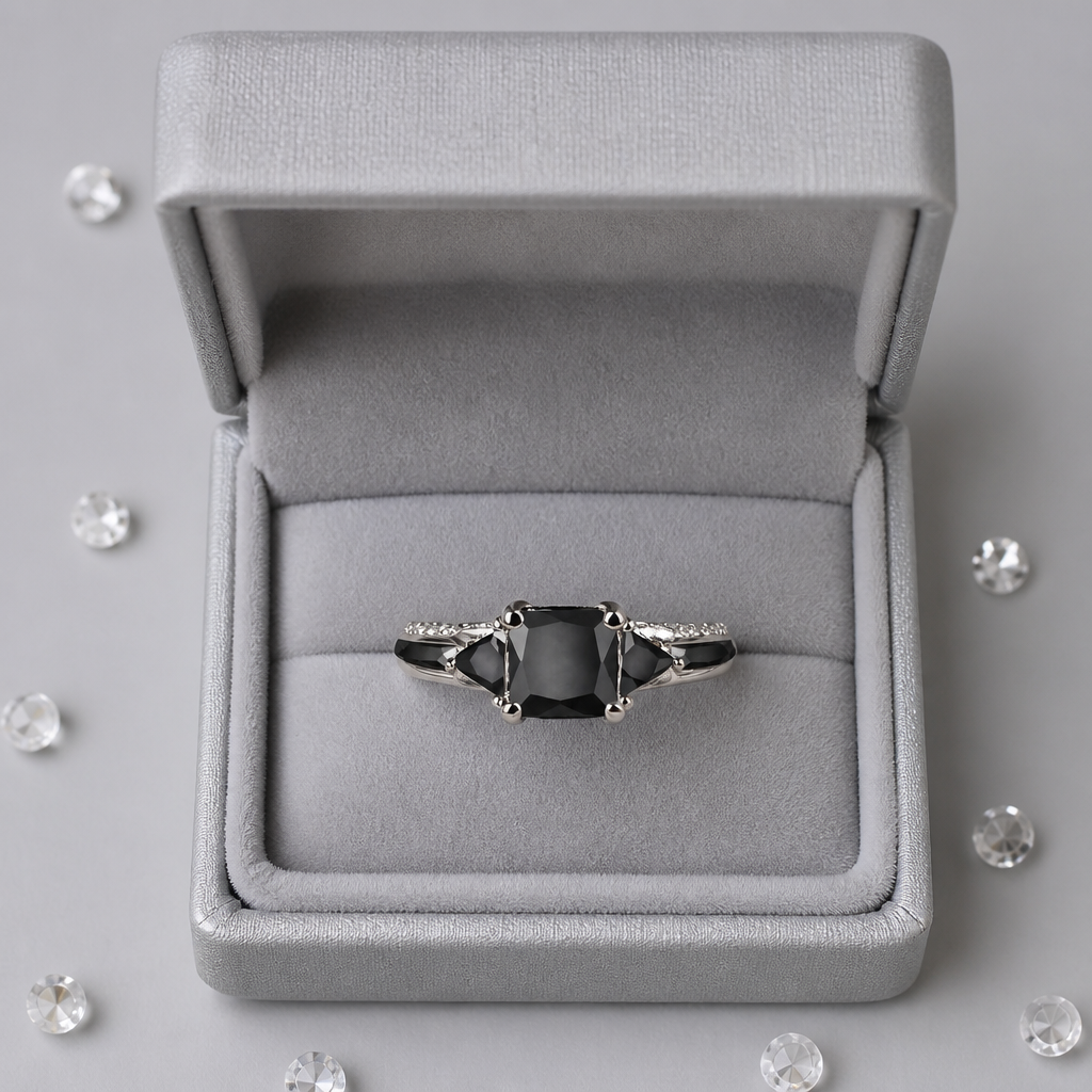 "Midnight Shadow" Three-Stone Ring — Silver-Plated Black Gemstone Statement Ring Description Spiceyrock
