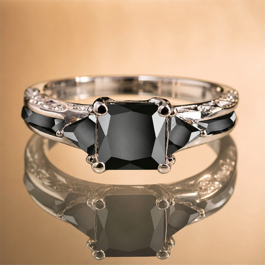 "Midnight Shadow" Three-Stone Ring — Silver-Plated Black Gemstone Statement Ring Description Spiceyrock