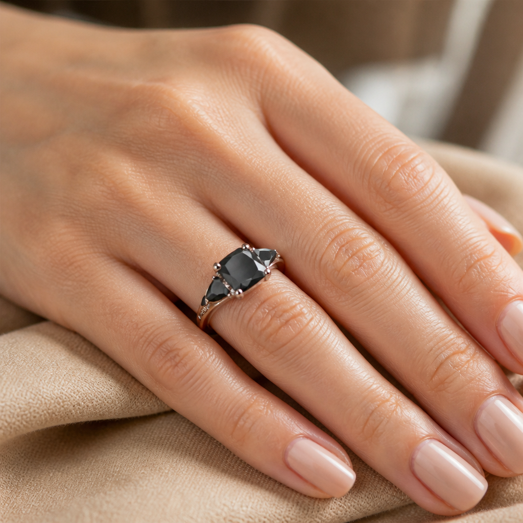 "Midnight Shadow" Three-Stone Ring — Silver-Plated Black Gemstone Statement Ring Description Spiceyrock