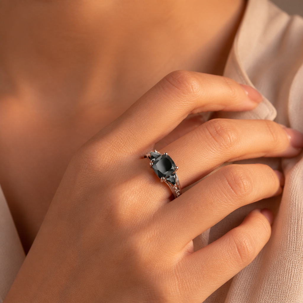 "Midnight Shadow" Three-Stone Ring — Silver-Plated Black Gemstone Statement Ring Description Spiceyrock