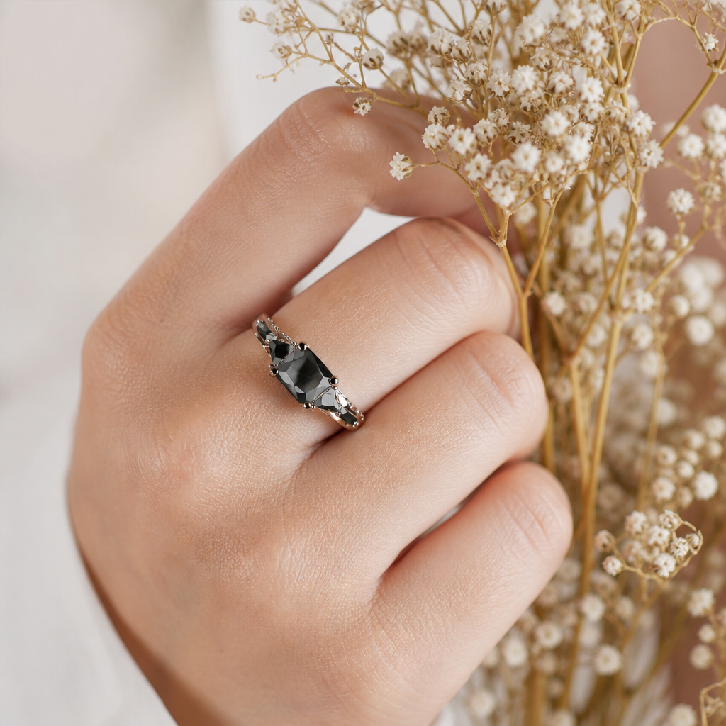 "Midnight Shadow" Three-Stone Ring — Silver-Plated Black Gemstone Statement Ring Description Spiceyrock