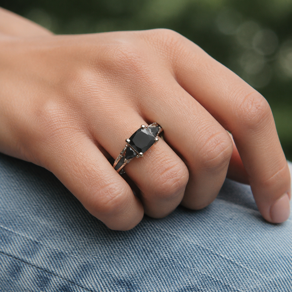 "Midnight Shadow" Three-Stone Ring — Silver-Plated Black Gemstone Statement Ring Description Spiceyrock