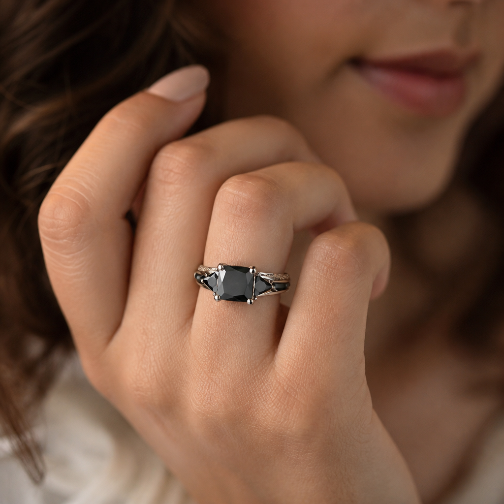 "Midnight Shadow" Three-Stone Ring — Silver-Plated Black Gemstone Statement Ring Description Spiceyrock